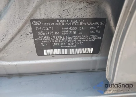 2012 Hyundai Sonata Gls z USA, uszkodzony, nr VIN 5NPEB4ACXCH401417